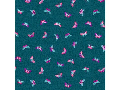 Látka bavlna v metráži 149B s motivem hmyzu, vzor barevný motýl na tmavě modrém podkladu