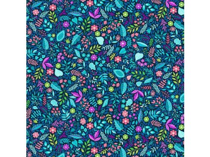 Látka bavlna v metráži 150B s přírodním motivem, vzor květiny a listy na tmavě modrém podkladu
