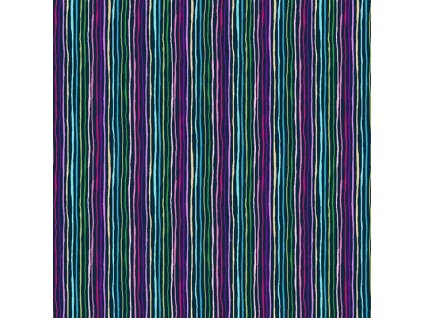 Látka bavlna v metráži 153B s geometrickým motivem, vzor barevné proužky na tmavě modrém podkladu