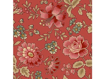 Látka bavlna v metráži 1660R s květinovým motivem, vzor divoká růže na červeném podkladu