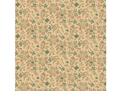 Látka bavlna v metráži 1663L s květinovým motivem, brokátový vzor na béžovém podkladu