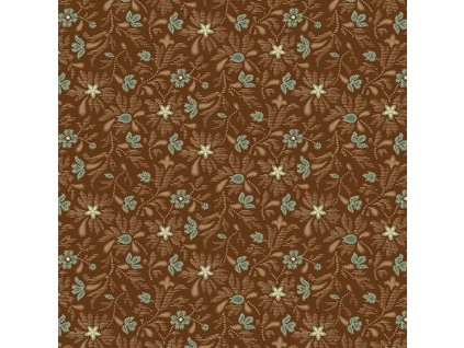 Látka bavlna v metráži 1663N s květinovým motivem, brokátový vzor na tmavě hnědém podkladu