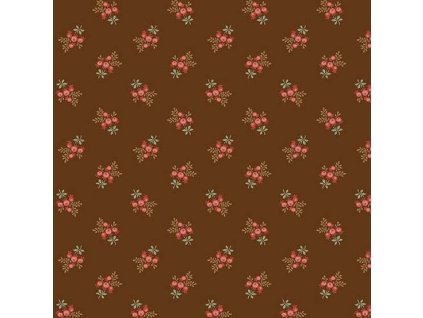 Látka bavlna v metráži 1665N s přírodním motivem, vzor drobné šípky na tmavě hnědém podkladu