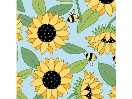 Látka bavlna v metráži 1574B s květinovým motivem, vzor slunečnice a včelky na modrém podkladu