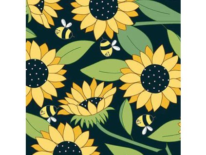 Látka bavlna v metráži 1574K s květinovým motivem, vzor slunečnice a včelky na černém podkladu