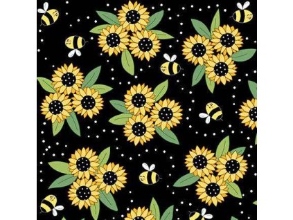 Látka bavlna v metráži 1575K s květinovým motivem, vzor květy slunečnic a včelky na černém podkladu