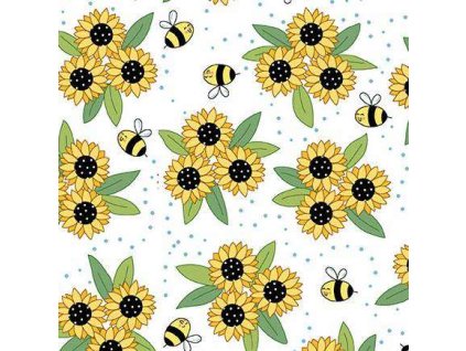 Látka bavlna v metráži 1575L s květinovým motivem, vzor květy slunečnic a včelky na bílém podkladu