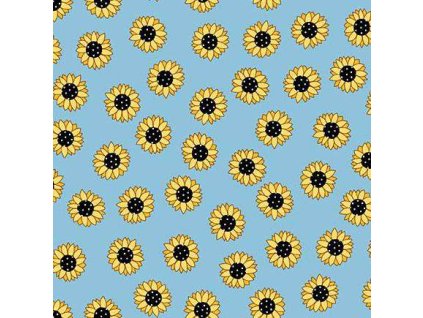 Látka bavlna v metráži 1576B s květinovým motivem, vzor květy slunečnic na modrém podkladu