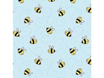 Látka bavlna v metráži 1577B s motivem včel, vzor včelky na modrém podkladu