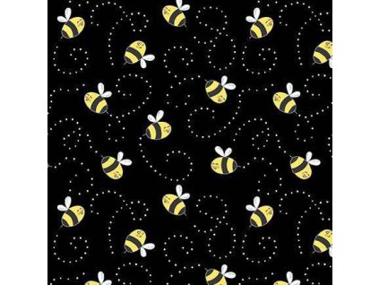 Látka bavlna v metráži 1577K s motivem včel, vzor včelky na černém podkladu