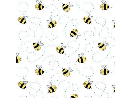 Látka bavlna v metráži 1577L s motivem včel, vzor včelky na bílém podkladu