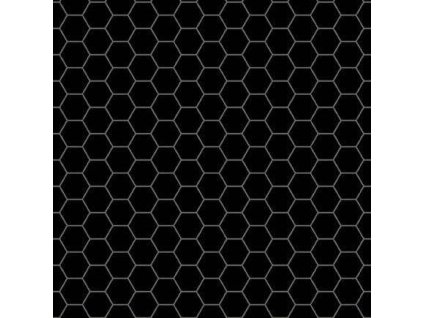 Látka bavlna v metráži 1579K s geometrickým motivem, vzor včelí plástve na černém podkladu