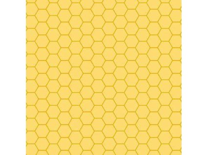 Látka bavlna v metráži 1579Y s geometrickým motivem, vzor včelí plástve na žlutém podkladu
