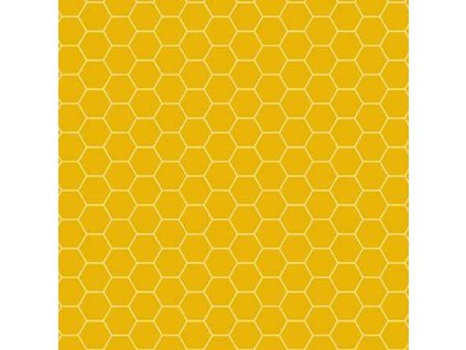 Látka bavlna v metráži 1579Y1 s geometrickým motivem, vzor včelí plástve na tmavě žlutém podkladu