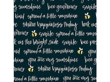 Látka bavlna v metráži 1581K s geometrickým motivem, vzor bílé písmo na černém podkladu