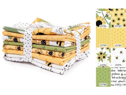 Fat Quarters Sunny Honey L látky s květinovým a geometrickým motivem v bílých, žlutých a zelených odstínech