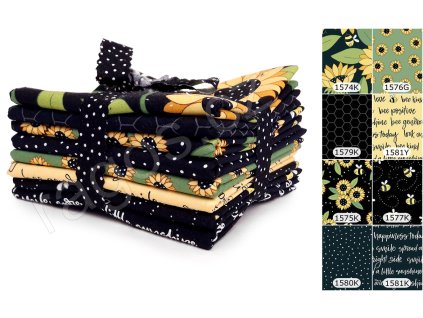 Fat Quarters Sunny Honey K látky s květinovým a geometrickým motivem v černých, žlutých a zelených odstínech