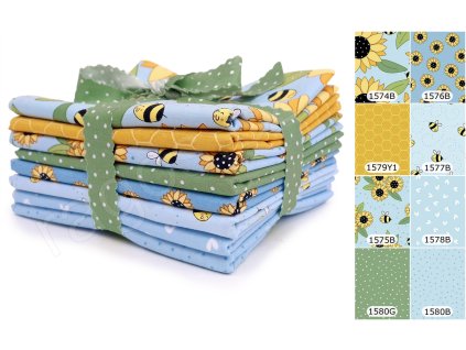 Fat Quarters Sunny Honey B látky s květinovým a geometrickým motivem v modrých, žlutých a zelených odstínech