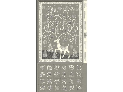 Adventní kalendář k ušití 2110S vzor jelen a vánoční ozdoby na šedém podkladu