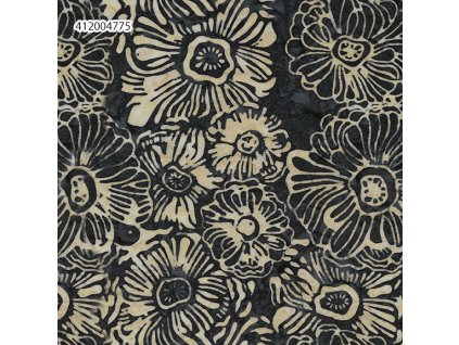 Látka batika v metráži 6/1000 černý podklad vzor béžové květiny
