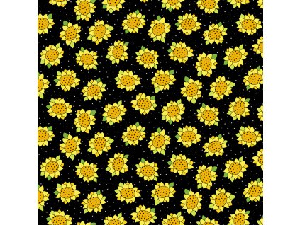 Látka bavlna v metráži 9986K s dětským motivem vzor žluté slunečnice na černém podkladu