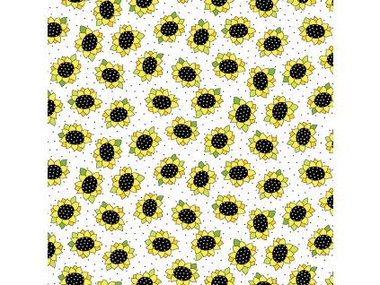 Látka bavlna v metráži 9986L s dětským motivem vzor žluté slunečnice na bílém podkladu
