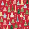 Látka vánoční v metráži se zlatým efektem 2570R s vánočním motivem vzor barevné vánoční stromky červeném podkladu