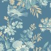 Látka bavlna v metráži 1600B s květinovým motivem, vzor růže a ptáci na modrém podkladu