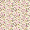 Látka bavlna v metráži 1622L s květinovým motivem, vzor koláž květin, jahod a motýlů na smetanovém podkladu