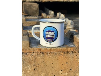 Plecháček plechový hrnek s motivem lokomotivy Orchestrion šukafon lokálka 810 811 809 vlak