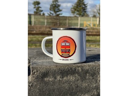 Plechový hrnek s motivem lokomotivy Brejlovec 754067 retro Brno brejle plecháček hrníček