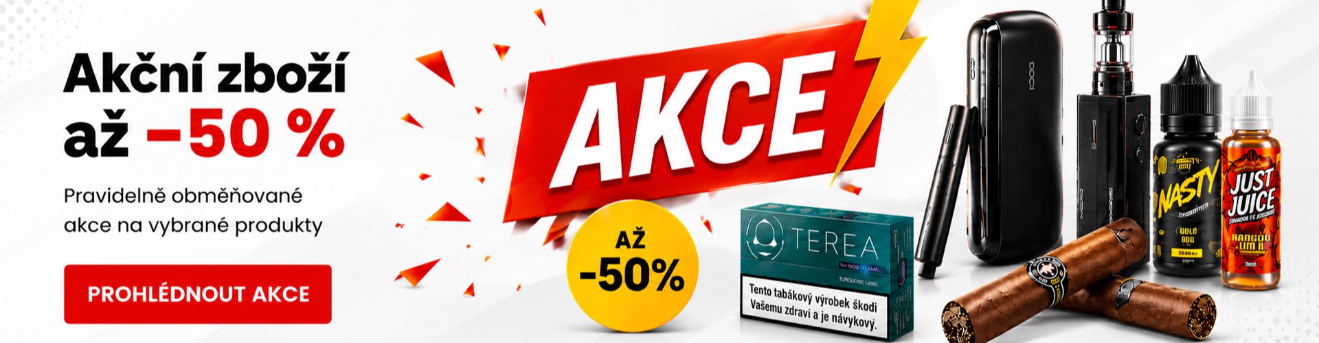 Akční zboží až -50 % - e-cigarety, IQOS, doutníky | Ráj kuřáků