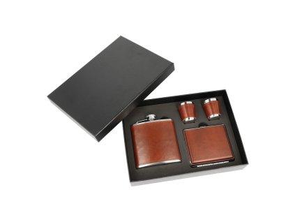 Placatka nerezová + pohárek + cigaretové pouzdro, koženka, 180ml