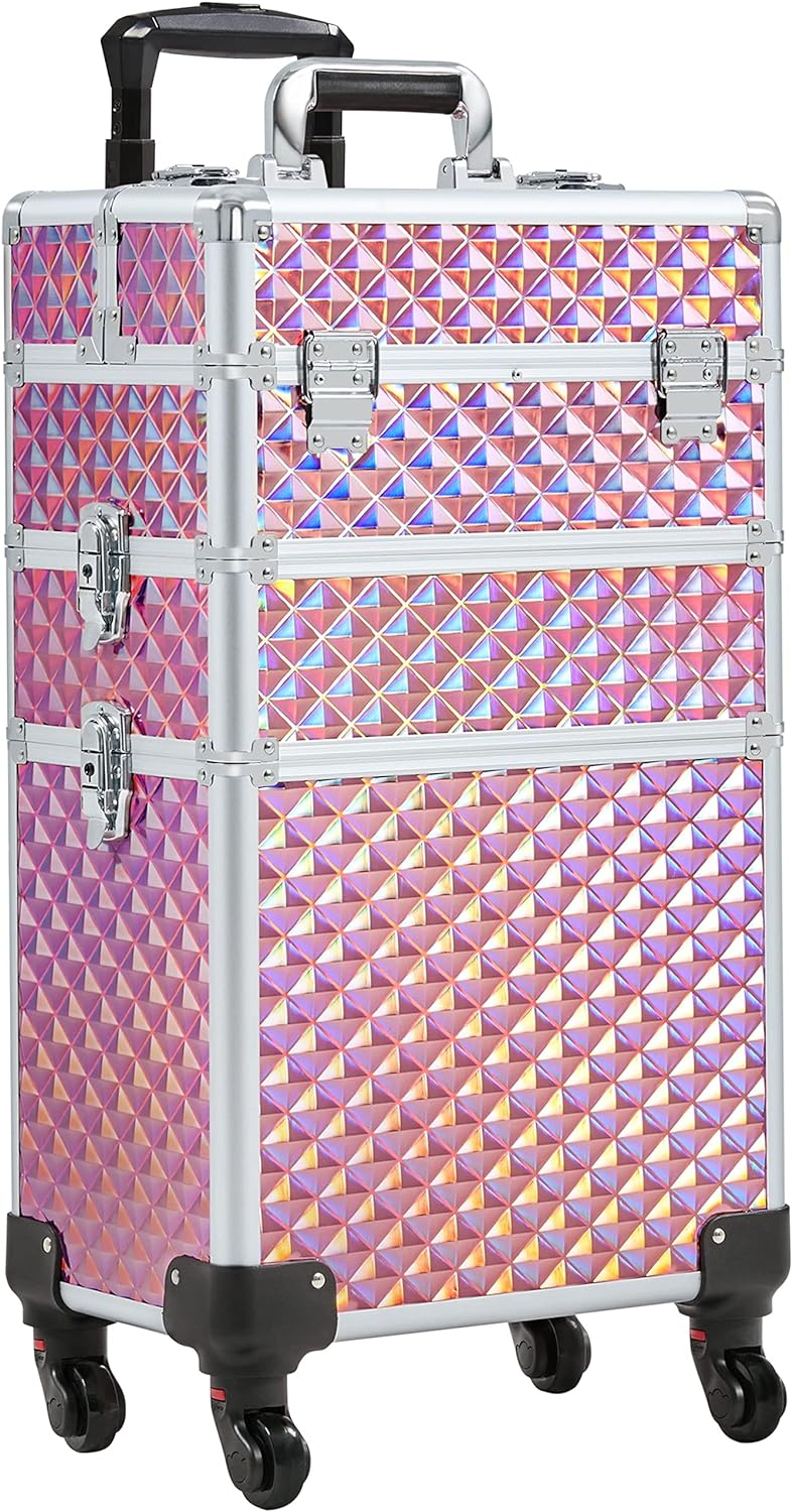 Levně Kosmetický kufr LUXURY 3v1 - Diamond holo růžový