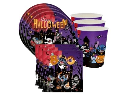 Sada kelímků, talířků a ubrouků Stitch Halloween 58 ks