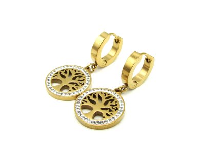 zlaté dámské Náušnice STROM ŽIVOTA z Chirurgické oceli Gold chirurgická ocel