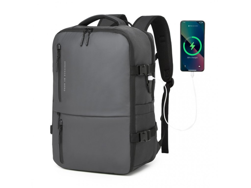 Kabinový batoh s USB a Type-C portem 25 L - KONO - šedý