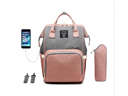 Multifunkční batoh na kočárek se zabudovaným USB portem - Šedo Růžový