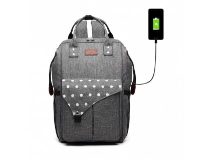 Přebalovací batoh na kočárek Polka s USB portem - šedý s puntíky
