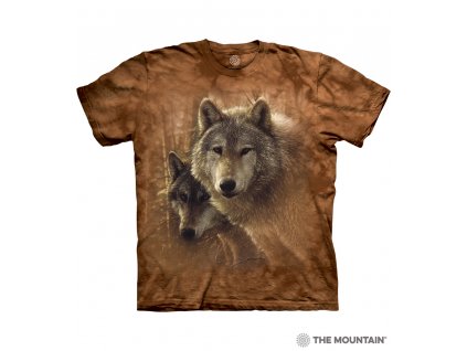 Pánské hnědé tričko  s potiskem vlků v lese