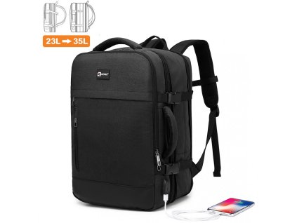 Variabilní cestovní batoh s USB portem 23L - 35L Kono Trip - černý