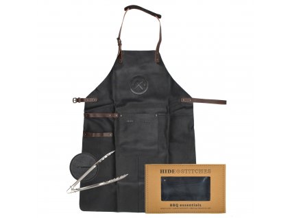 Kožená grilovací zástěra v dárkovém boxu s podtácky Hide & stitches barbecue / grill - černá