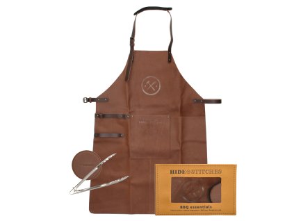 Kožená grilovací zástěra v dárkovém boxu s podtácky Hide & stitches barbecue / grill - hnědá