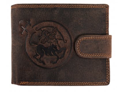 Pánská kožená peněženka s přeskou s obrázky znamení - STŘELEC - hnědá