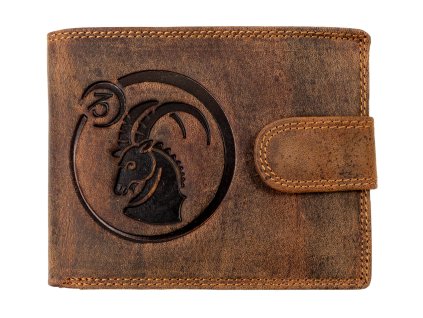 Pánská kožená peněženka s přeskou s obrázky znamení - KOZOROH - hnědá