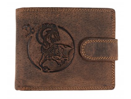 Pánská kožená peněženka s přeskou s obrázky znamení - KOZOROH - hnědá
