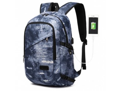 KONO unisex batoh s USB portem - modrý potisk - 20L