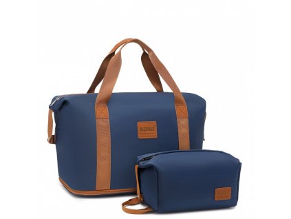 KONO set variabilní cestovní taška a kosmetická taštička - modro hnědá - 26L