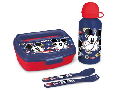 Dárkový set Mickey Mouse svačinový box s příborem a láhev 400 ml