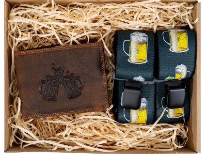 Dárkový set pro muže - Kožená peněženka a kšandy - Pivo